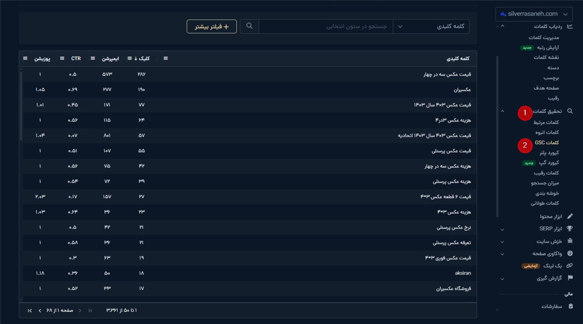 مشاهده کلیک و ایمپرشن در تب GSC میزفا تولز
