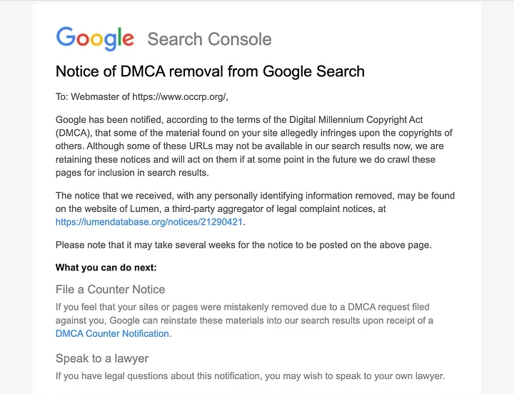 عکس خطا DMCA در سرچ کنسول