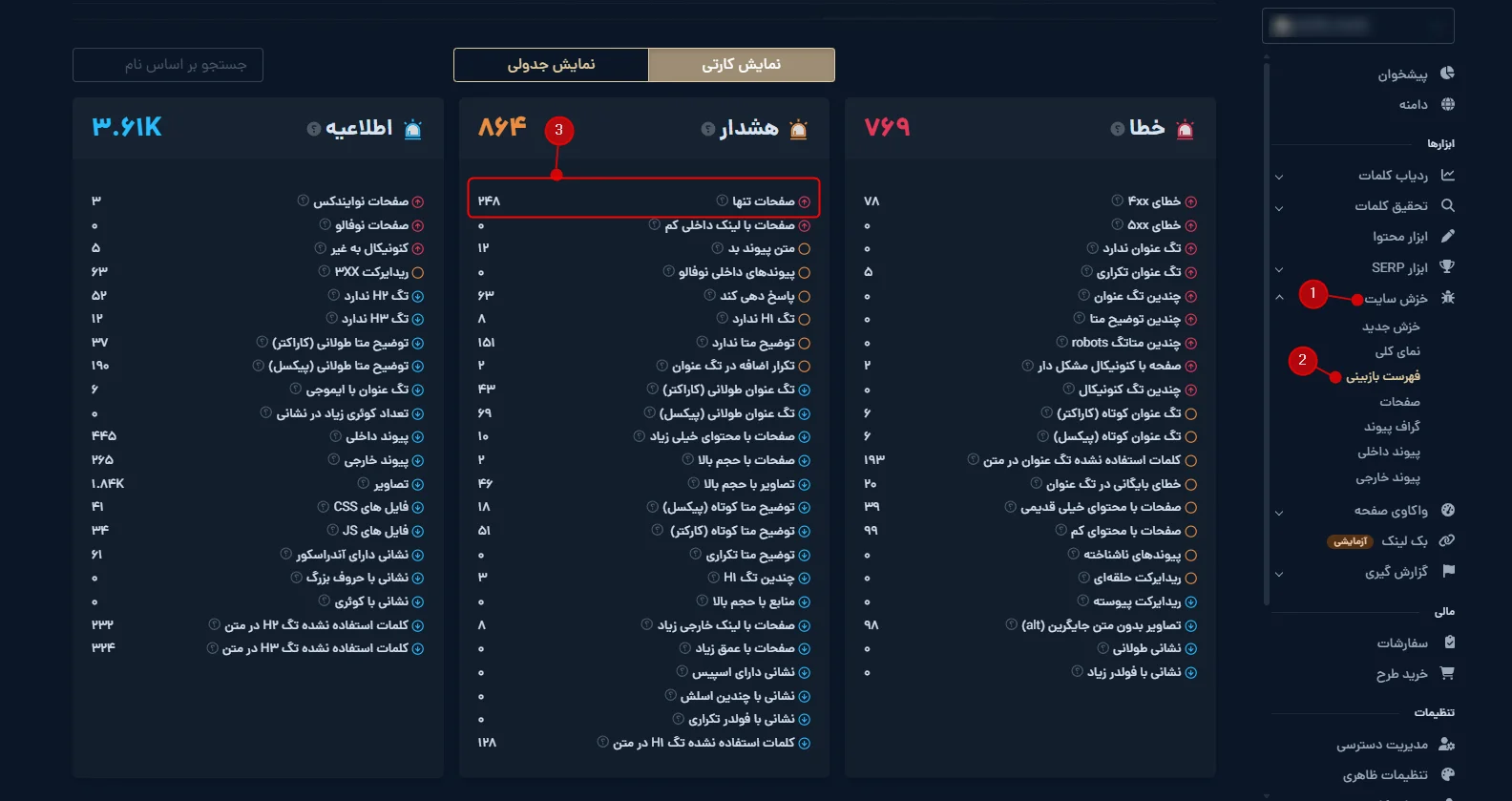 پیدا کردن صفحات یتیم در تب فهرست بازبینی