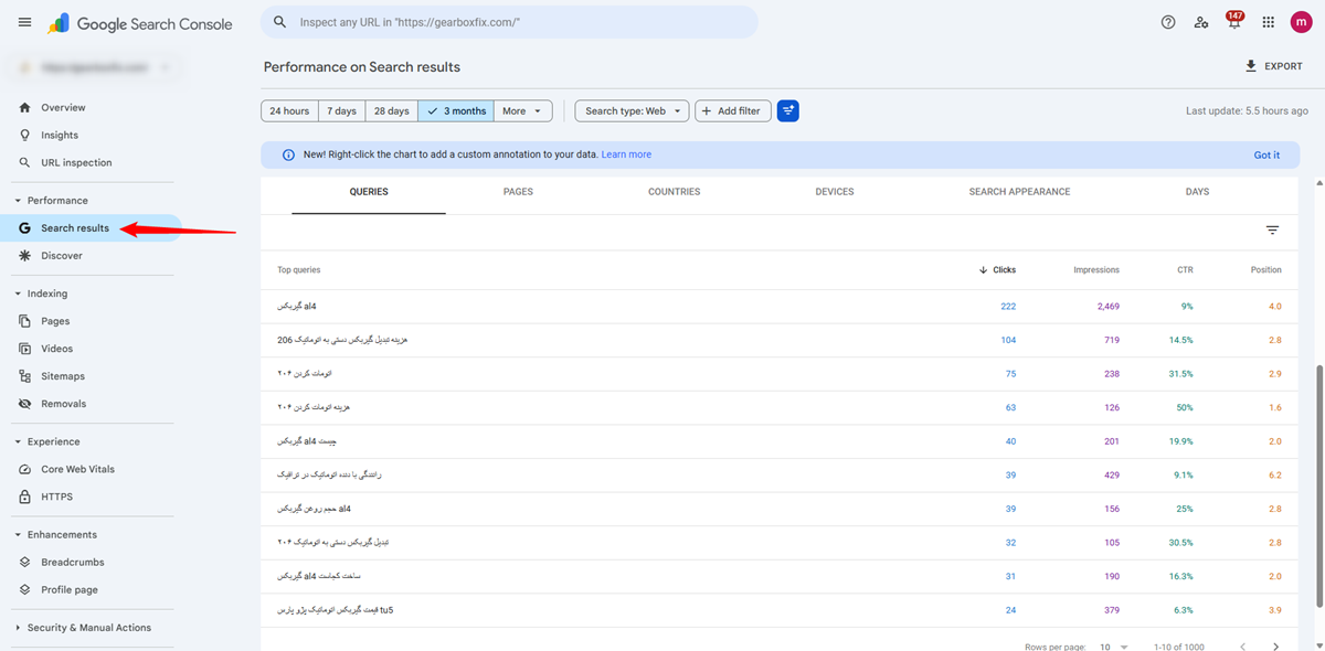 بررسی پرفورمنس سرچ کنسول برای اپدیت محتوا
